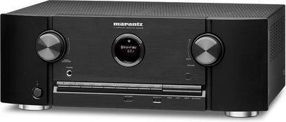 Ampli home-cinéma Marantz SR5008 noir, vue de face, 2 boutons rotatifs et 1 bouton poussoir sur la façade, 2 prises casque