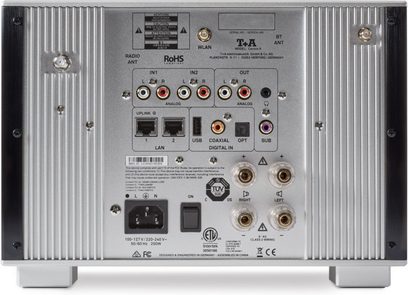 Σύστημα hi-fi T+A Caruso R σε πίσω όψη, ασημί πάνελ με πτερύγια, συνδέσεις ήχου και δικτύου, ακροδέκτες ηχείων