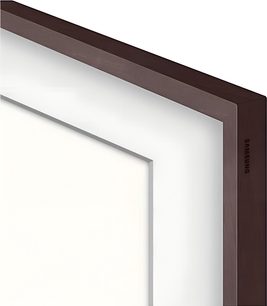 Samsung The Frame 55" ramme i mørkebrunt valnøddetræ med indgraveret logo på kanten, close-up af det øverste højre hjørne set i perspektiv