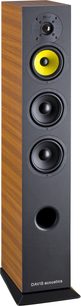 Davis Acoustics Matisse 3D valnøddetræ gulvhøjttaler, frontvisning, 3 gule og sorte højttalere på mørk trækabinettet