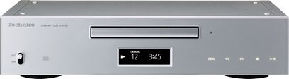 Technics SL-C700E-S sølv kompakt CD-afspiller, set forfra, digitalt display, afspilningsknap, diskindføringsspalte, rent og elegant design
