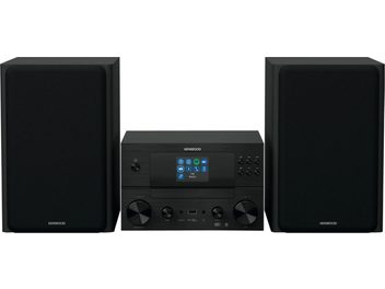 Melna Kenwood M-9100S Hi‑Fi mini sistēma ar centrālo krāsu ekrānu un diviem pieskaņotiem priekšējiem skaļruņiem