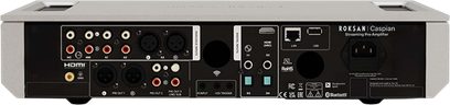 Roksan Caspian 4G sort stereo-forforstærker set bagfra med HDMI-, RCA-, XLR-, LAN- og USB-tilslutninger samt strømforsyning