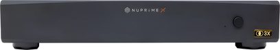 Nuprime Fusion-3X multikanals effektforstærker, frontvisning, sort rektangulært kabinet, cirkulær knap til højre