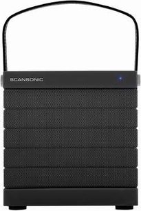Trådløs, tilsluttet Scansonic BT300 højttaler i sort, set forfra, sort gitter på hvid kabinet, knapper på toppen