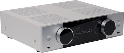 Integrierter stereophoner Hi-Fi-Transistorverstärker Onkyo Y-40 in Silber, silberne Front mit großem schwarzem Display und zwei großen runden Knöpfen