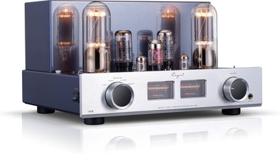 Cayin Jazz 100 silver tube stereo amplifier, anthracite gray metal chassis and brushed silver aluminum front panel featuring two backlit VU meters, a large central selector, a volume knob on the right, and a headphone jack, tubes visible under glass bulbs on the top, shown in a front left three-quarter view