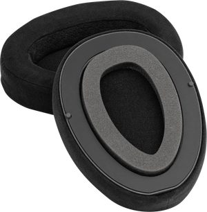 Coppia di cuscinetti ovali neri per cuffie hi-fi, vista in prospettiva