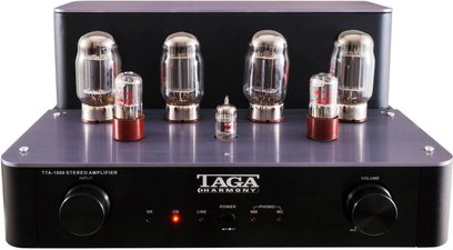Taga Harmony TTA-1000 sort hi-fi rørvakuumforstærker, set forfra, 7 vakuumrør, knapper og stik på forsiden, rektangulært sort blankt kabinet
