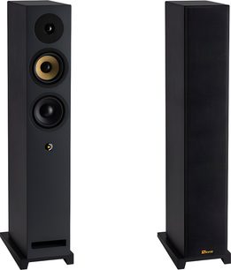 Boxă de podea Davis Acoustics Krypton 6 Technik negru, vedere frontală și din trei sferturi, 3 difuzoare vizibile, grilaj detașabil