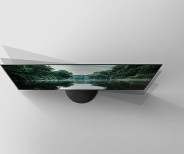 Panasonic TX-55LZ1500E OLED 55" TV set forfra, viser et naturligt landskab reflekteret på en sort og blank skærm