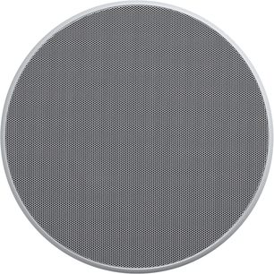 Zapuštěný reproduktor Bowers & Wilkins CCM382, pohled zepředu, bílá kruhová perforovaná kovová mřížka