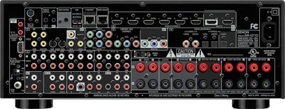 Denon AVR 4311 hjemmebiograf-forstærker, frontpanel, mange stik og knapper, central skærm, sort og sølv