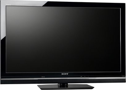 Televizor Sony KDL-37W5500 s plochou černou obrazovkou, pohled zepředu, vypnutý, na šedém a černém pozadí