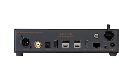 Ferrum Audio BROEN Netzwerk-Audioplayer, schwarze Rückansicht mit Audioausgängen, USB-Anschlüssen, Ethernet-SFP und Stromversorgung