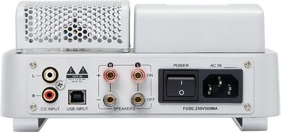 Hifiman EF100 hovedtelefon-forstærker sølv, forfra, sølvfarvet front med gitter, knapper og stik, metalkabinettet