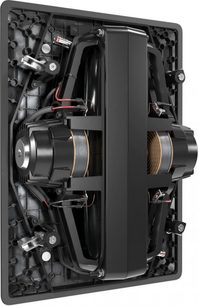 Indbygget subwoofer SFC-12-SW med sort rektangulær struktur, synlige interne komponenter, rød og sort kabelføring