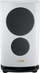 Canton Reference 9 GS bookshelf speaker matte white, front view with two black round speakers and black base
