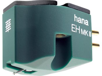 Grüner Tonabnehmer für Plattenspieler Hana EH MKII mit weißer Beschriftung und vergoldeten Anschlüssen, Dreiviertelansicht