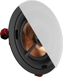 Klipsch PRO-180-RPC Decken-Einbaulautsprecher mit abnehmbarem weißem Gitter und sichtbarem kupferfarbenem Lautsprecher