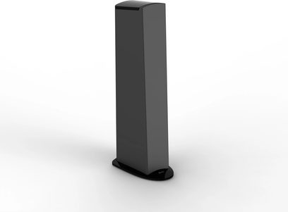GoldenEar Triton Five sort søjlehøjttaler, set forfra, vertikal rektangulær form, bredere base, sort gitterfrontpanel