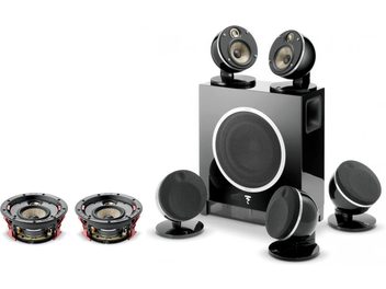 Focal Dôme Flax 5.1.2 speaker pack in black: 5 black spherical speakers on stands, black cubic subwoofer