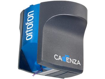 Celulă de pick-up pentru discuri de vinil Ortofon Cadenza Blue în ambalajul său albastru și gri, corp gri metalizat, cablu violet