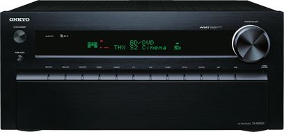 Onkyo TX-NR929 sort hjemmebiografsforstærker, set forfra, grøn display "BD/DVD THX S2 Cinema 3D", sølvfarvede knapper og drejeknap