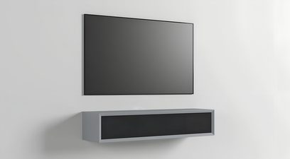 Wandmontiertes Clic Classic Series Modell 12S in Hellgrau, mit glänzend schwarzer Glasfront, Dreiviertelansicht