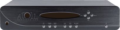 Atoll Electronique PR300 sort stereo forforstærker, sort frontpanel med knapper, drejeknap, display, indgange til CD, tuner, bånd, AUX, DVD, bypass