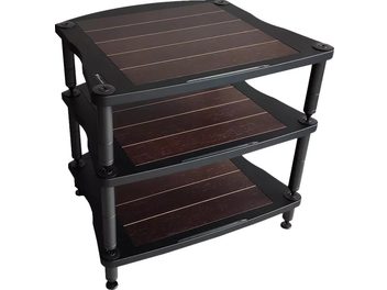 Ciemnobrązowa drewniana półka hi-fi Bassocontinuo Lyra XL4 2.1, 3 półki, czarna metalowa konstrukcja, widok z przodu pod kątem 3/4