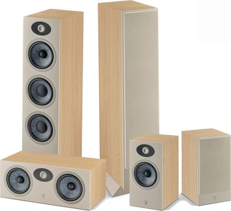 Pacchetto di diffusori a colonna Focal Theva N°3 in rovere chiaro, 5 diffusori di diverse dimensioni in legno chiaro, vista frontale