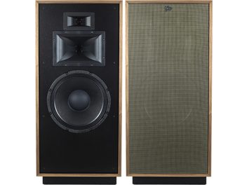 Diffusore da pavimento Klipsch Forte IV in noce, vista frontale, altoparlanti neri e dorati, griglia metallica, cabinet in legno