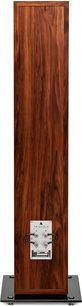 Altavoz de columna Triangle Antal serie EZ en madera de teca marrón veteada, vista trasera que muestra el gabinete rectangular sobre base de metal negro con placa gris y doble bornera de cuatro conectores