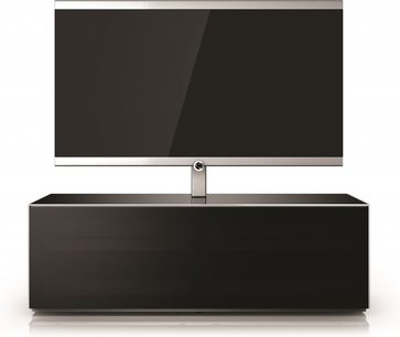 Sonorous Elements EX11T-BLK TV-møbel, sort, frontvisning, fladskærm, 2 døre, 1 skuffe, sølvfarvede metalben