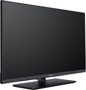 Panasonic TV-32S55AEZ højdefinitions-tv, sort skærm, tynd ramme, rektangulær stander, set fra trekvart venstre