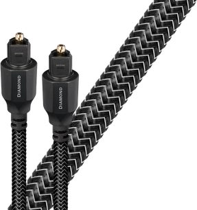 To optiske Audioquest Diamond-kabler med metalspidser, sort og hvid flettet kappe i zigzagmønster, på hvid baggrund