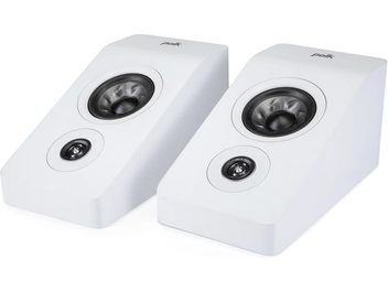 Deux enceintes Polk Audio R900 blanches, vues de face, avec haut-parleurs apparents sur la face supérieure inclinée