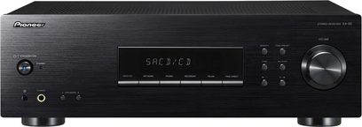 Pioneer SX-20 sort hi-fi stereoforstærker, frontbillede, digitalt display, knapper og justeringshjul, hovedtelefonstik på forsiden