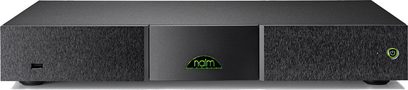 Naim ND5XS2 sort netværksaudioafspiller, frontvisning, knapper og grønne indikatorlys, front i børstet aluminium
