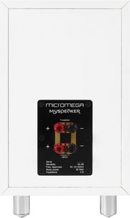 Bílá regálová reprosoustava Micromega MySpeaker, pohled zepředu, výškový a středobasový reproduktor na černém panelu, technické specifikace