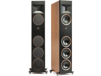Boxă coloană MartinLogan Motion XT F100 nuc cu fațadă neagră, 4 difuzoare circulare și laterale cu finisaj din lemn