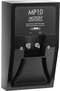 Zadní bipolární reproduktor Motion MP10 v černém laku - pohled zezadu s kovovými konektory a bílými nápisy na černém pozadí