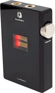 Convertitore audio portatile EarMen L-Amp II nero con manopola del volume argentata e vumetro luminoso rosso