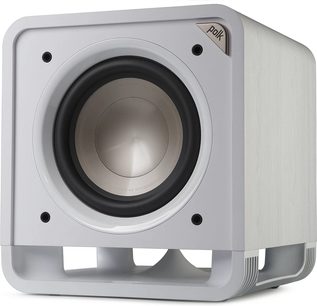 Polk Audio HTS 10 witte subwoofer, vooraanzicht, afgeronde kubieke vorm, centrale ronde zwarte luidspreker