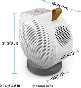 Hvid GV50-projektor, perspektivisk visning, afrundet perforeret krop, grå cirkulær base, brun håndtag, øverste betjeningsknapper