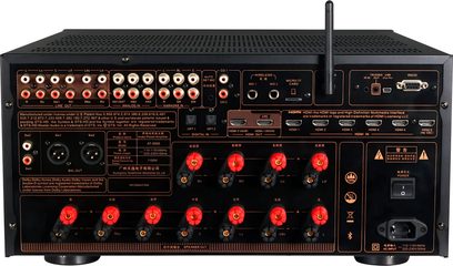 Bagside af hjemmebio-forstærkeren Tonewinner AT-2000 med HDMI- og RCA-tilslutninger samt røde højttalerterminaler på sort kabinet