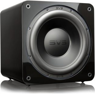 SVS SB-3000 subwoofer i sort lak, set forfra, cirkulær centralhøjttaler, metalgitter, sort kubisk kabinet