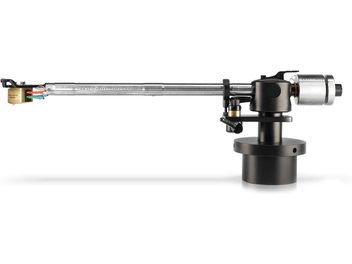 Anodized black aluminum tonearm for Gold Note B-7 Ceramic turntable, cylindrical base, counterweight, visible tonearm lift and wiring, side view