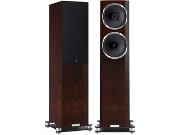 Fyne Audio F502SP floor-standing speakers in dark lacquered walnut wood, black front, silver drivers